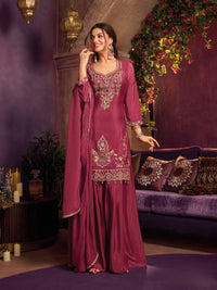 Cherry Red Chinon Suit Embellished With Cutdana, Sequins & Mirror Work