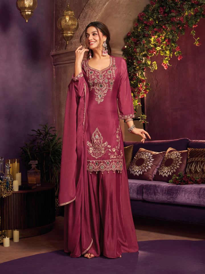 Cherry Red Chinon Suit Embellished With Cutdana, Sequins & Mirror Work