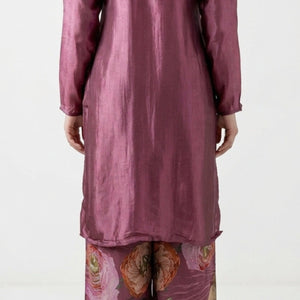 Wine Satin Crepe Suit with Zari, Sequins, Stone, Hand Print & Cutdana Detailing