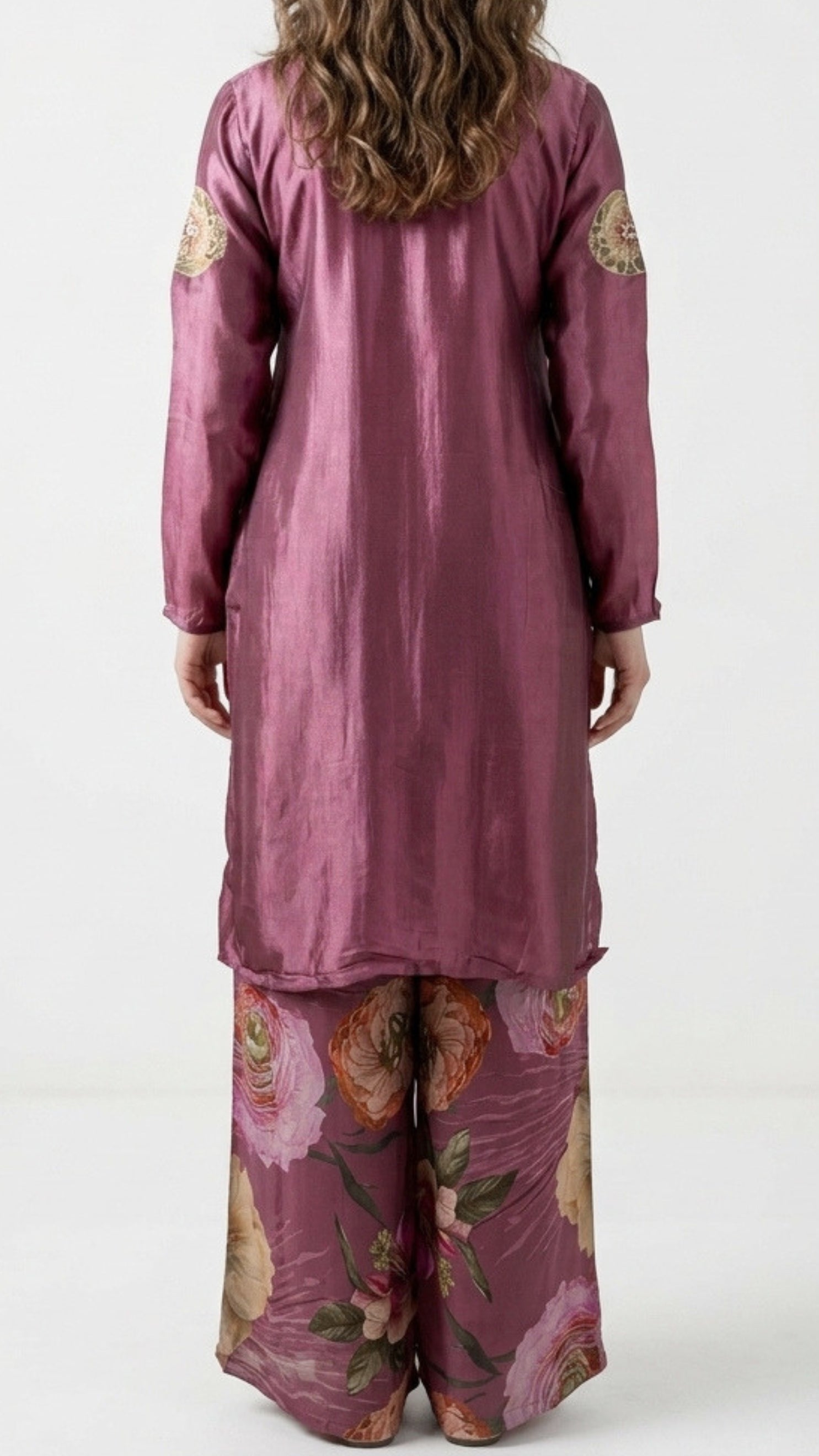 Wine Satin Crepe Suit with Zari, Sequins, Stone, Hand Print & Cutdana Detailing