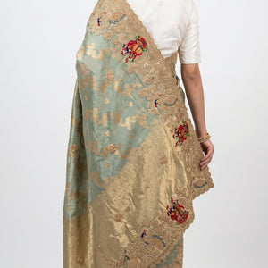 Sage Green Pure Tissue Banarasi Unstitched Saree with Sequins, Zari, Moti & Dori Work