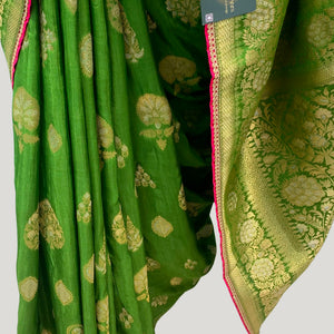 Green Banarasi Silk Saree with Stitched Pink Blouse and Weaving Work