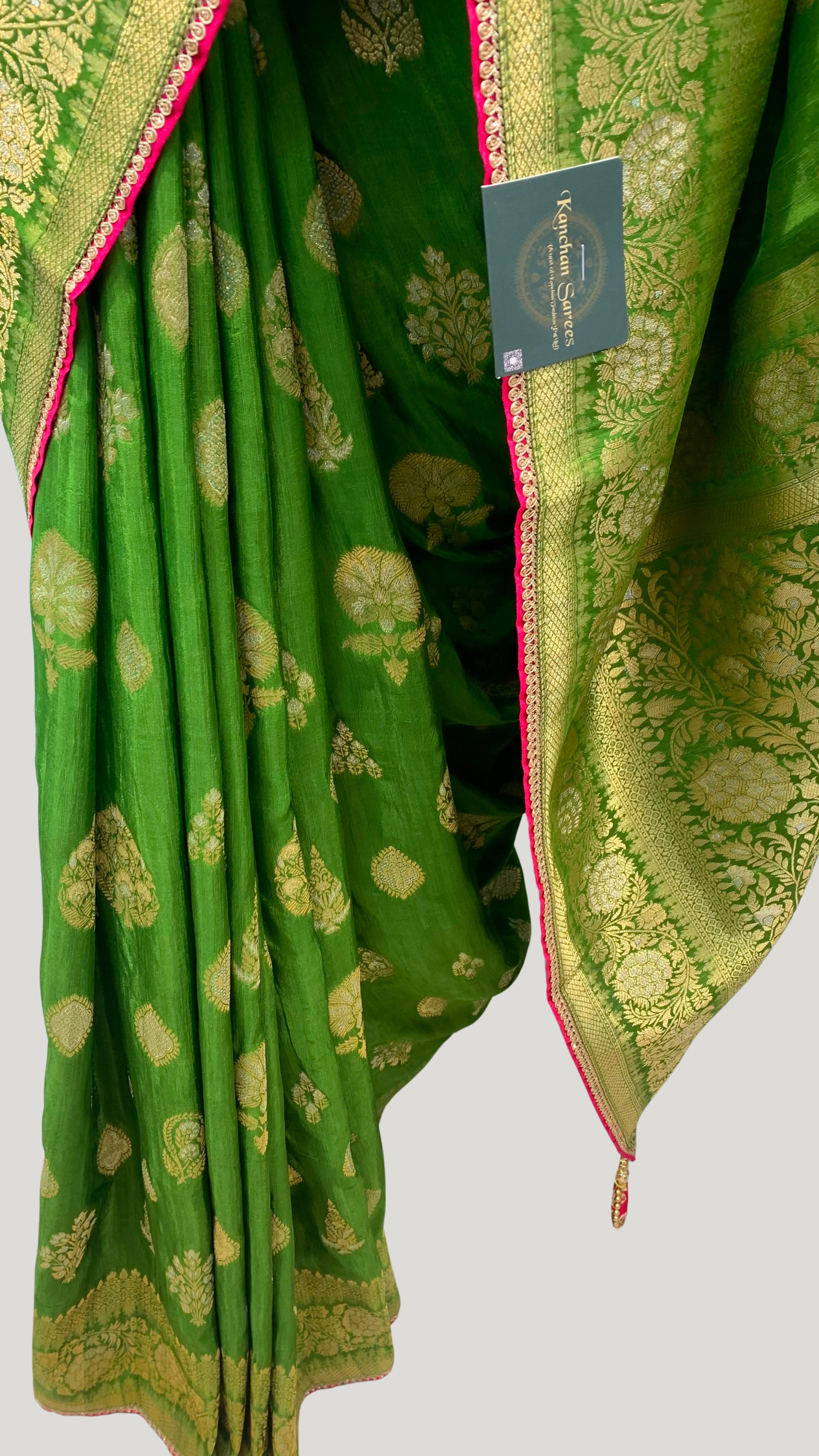 Green Banarasi Silk Saree with Stitched Pink Blouse and Weaving Work