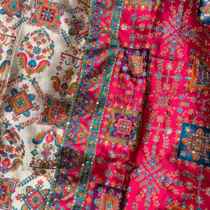 Cream Digital Printed Silk Ready Made Saree Embellished With Sequins & Zari Work