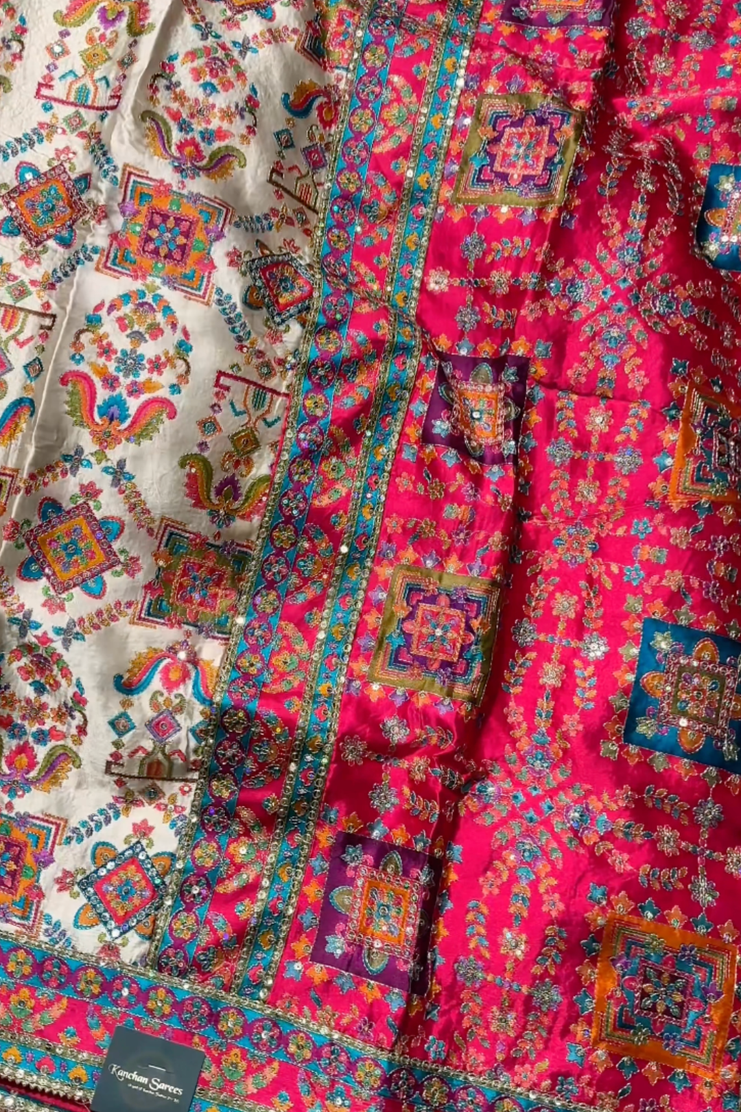 Cream Digital Printed Silk Ready Made Saree Embellished With Sequins & Zari Work