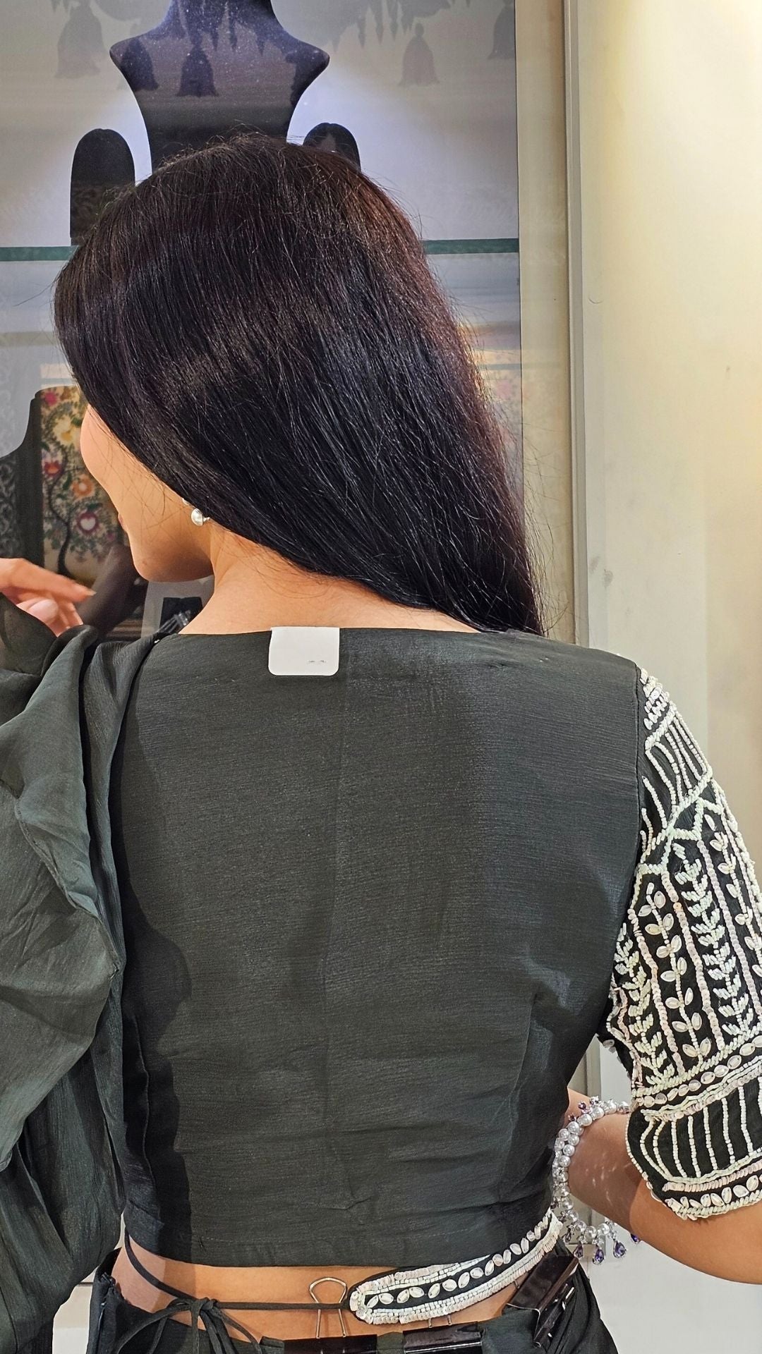 Olive Green Chinon Indowestern with Sequins and Pearl Work