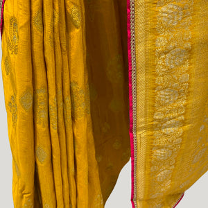 Yellow Banarasi Silk Saree with Stitched Pink Blouse and Weaving Work