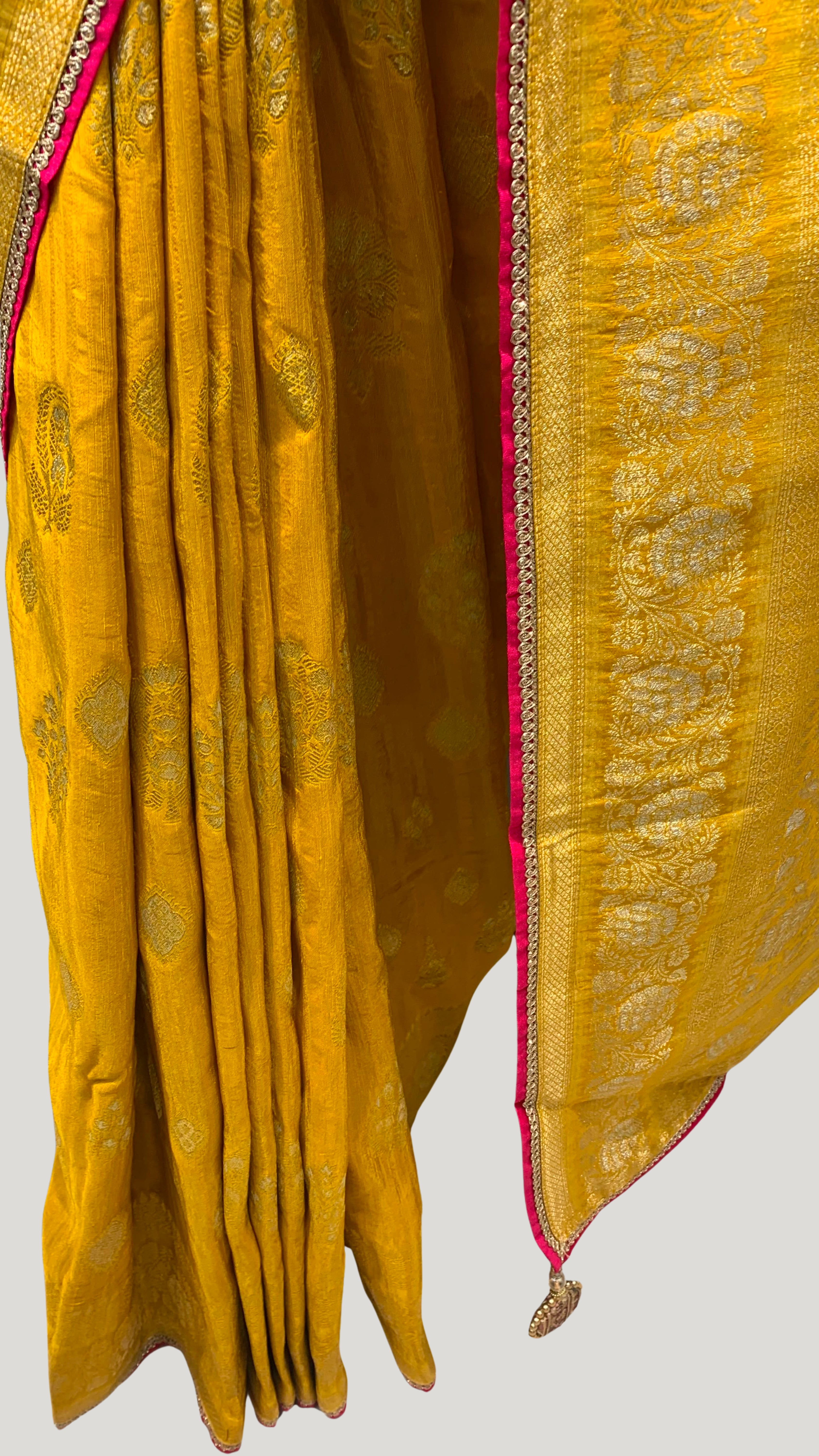 Yellow Banarasi Silk Saree with Stitched Pink Blouse and Weaving Work