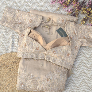 Fawn Tissue Saree Embellished With Zari, Sequins & Cut Dana Work