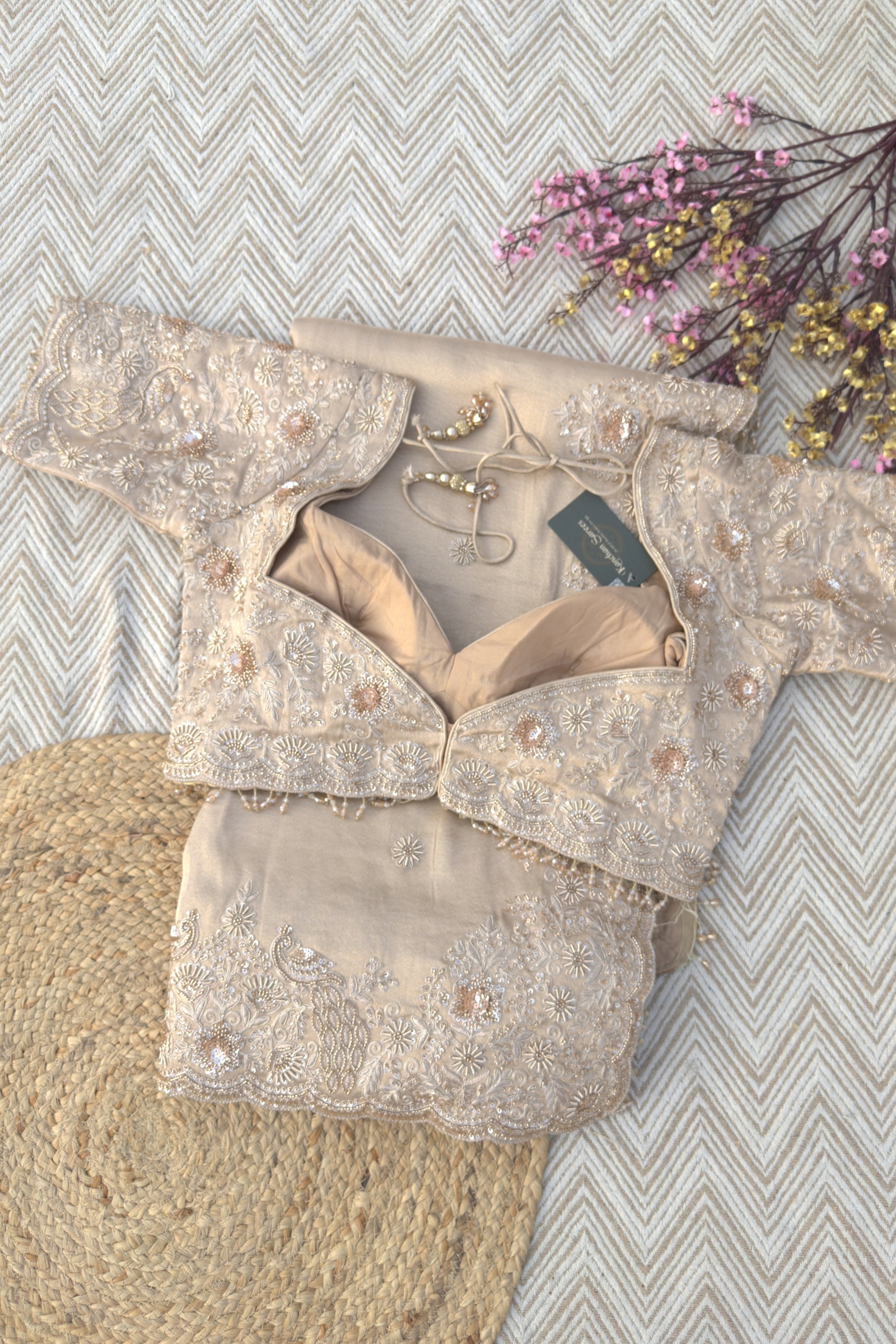 Fawn Tissue Saree Embellished With Zari, Sequins & Cut Dana Work