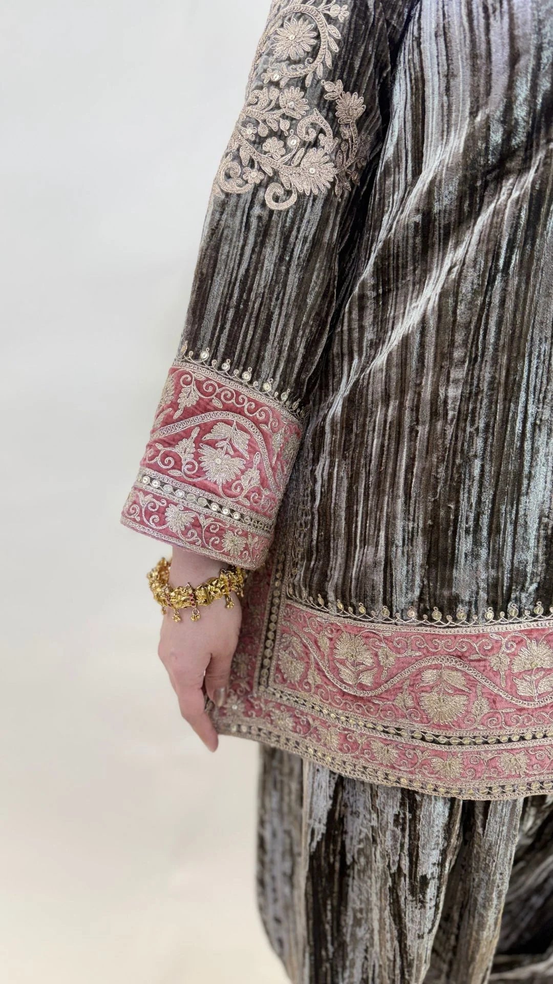 Brown Wrinkled Velvet Embroidered Top with Salwar