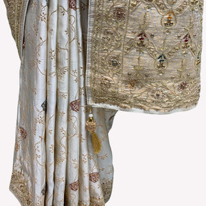 Ivory Silk Unstitched Saree Embellished With Sequins, Cutdana, Zarkan, Dabka & Stone Work