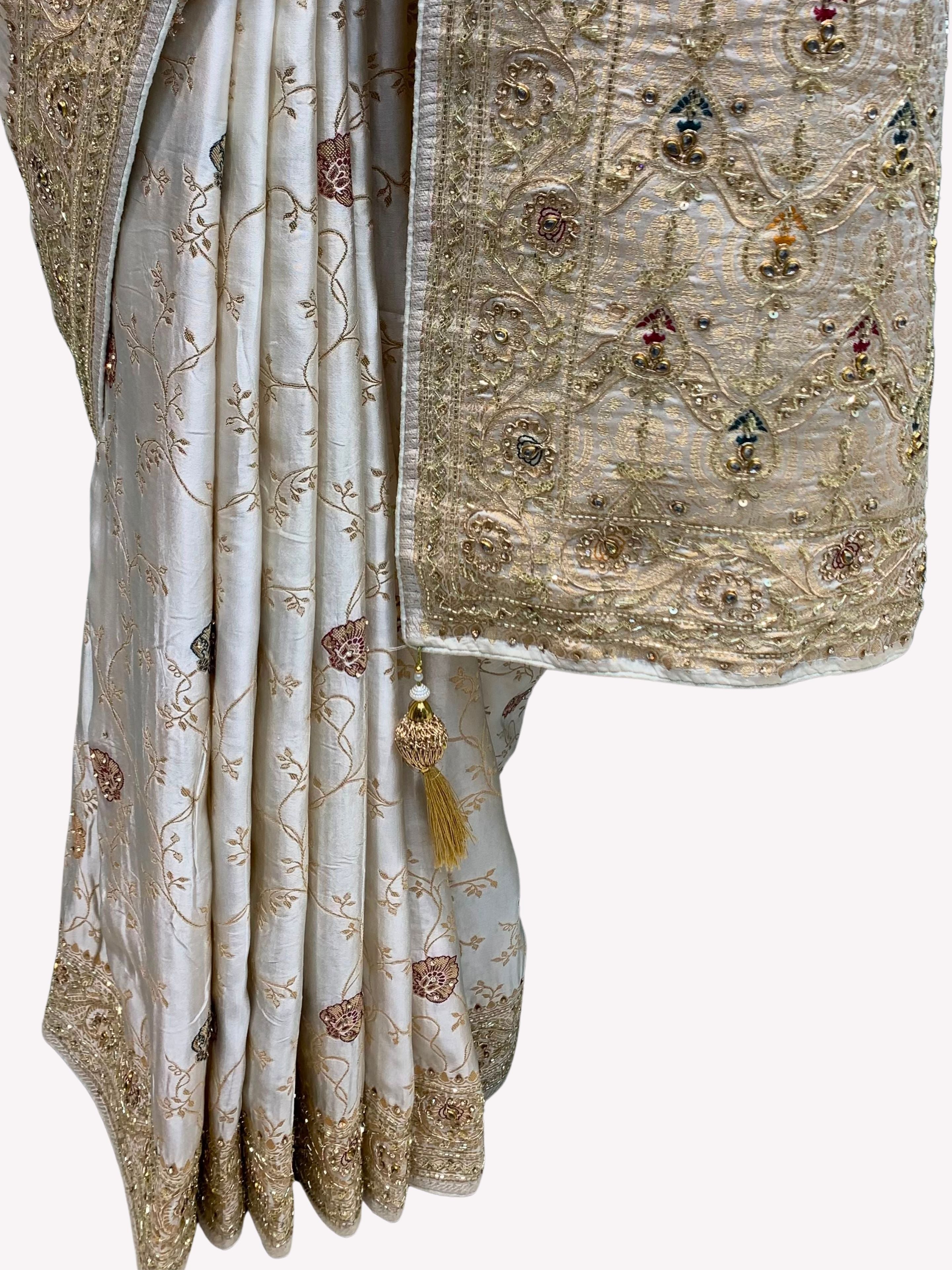 Ivory Silk Unstitched Saree Embellished With Sequins, Cutdana, Zarkan, Dabka & Stone Work