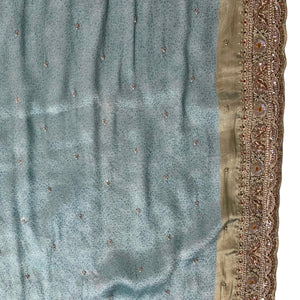 Ice Blue Brocade  Unstitched Saree with Sequins, Pearl, Zari & Cut Dana Work