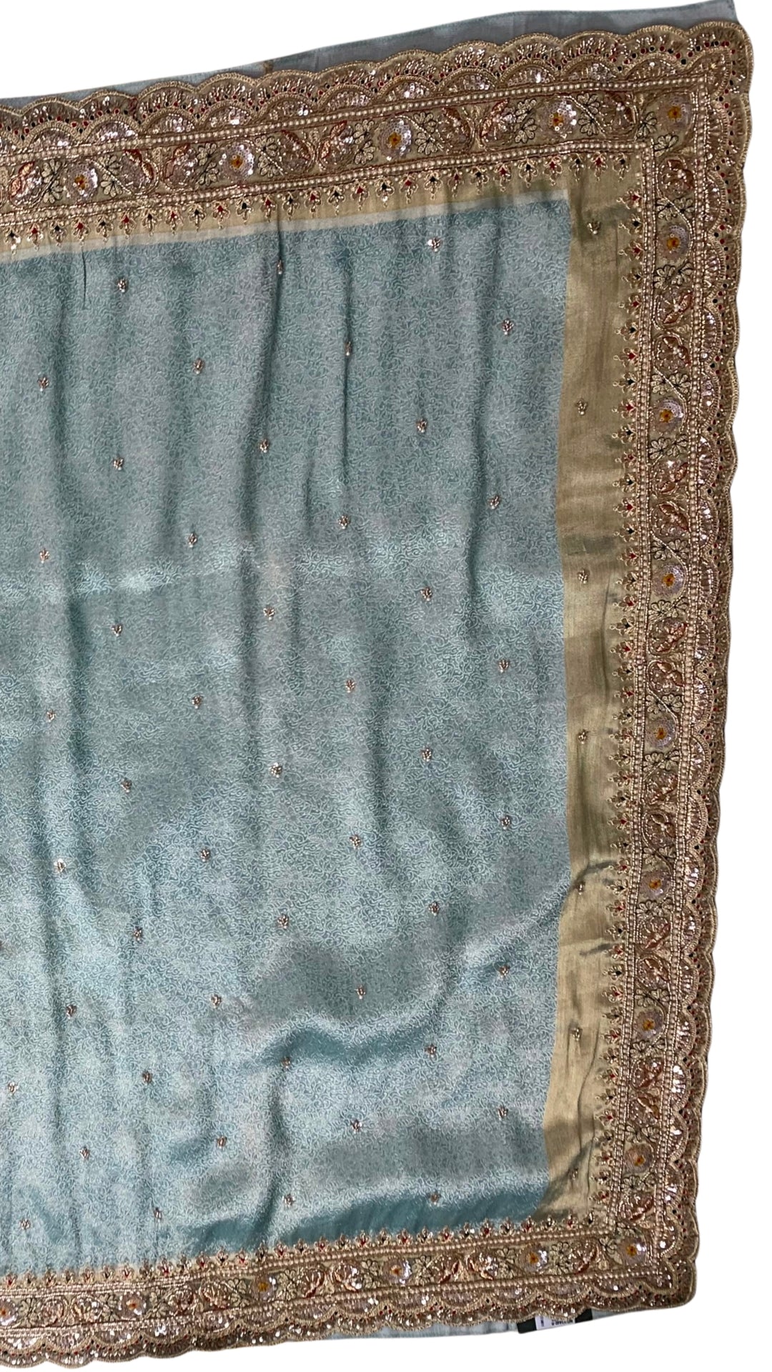 Ice Blue Brocade  Unstitched Saree with Sequins, Pearl, Zari & Cut Dana Work