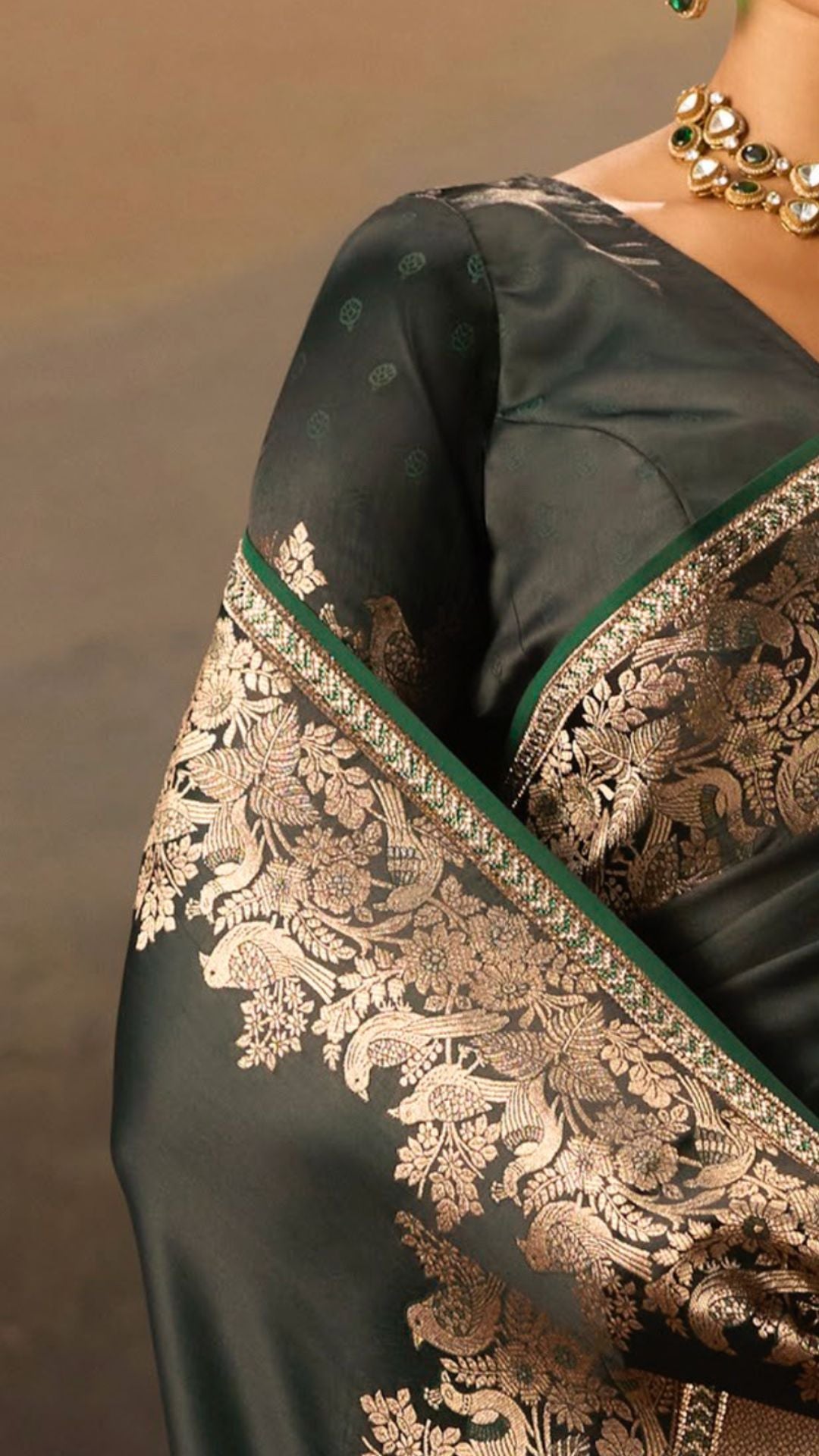 Dark Green Satin Saree With Swarovski Work