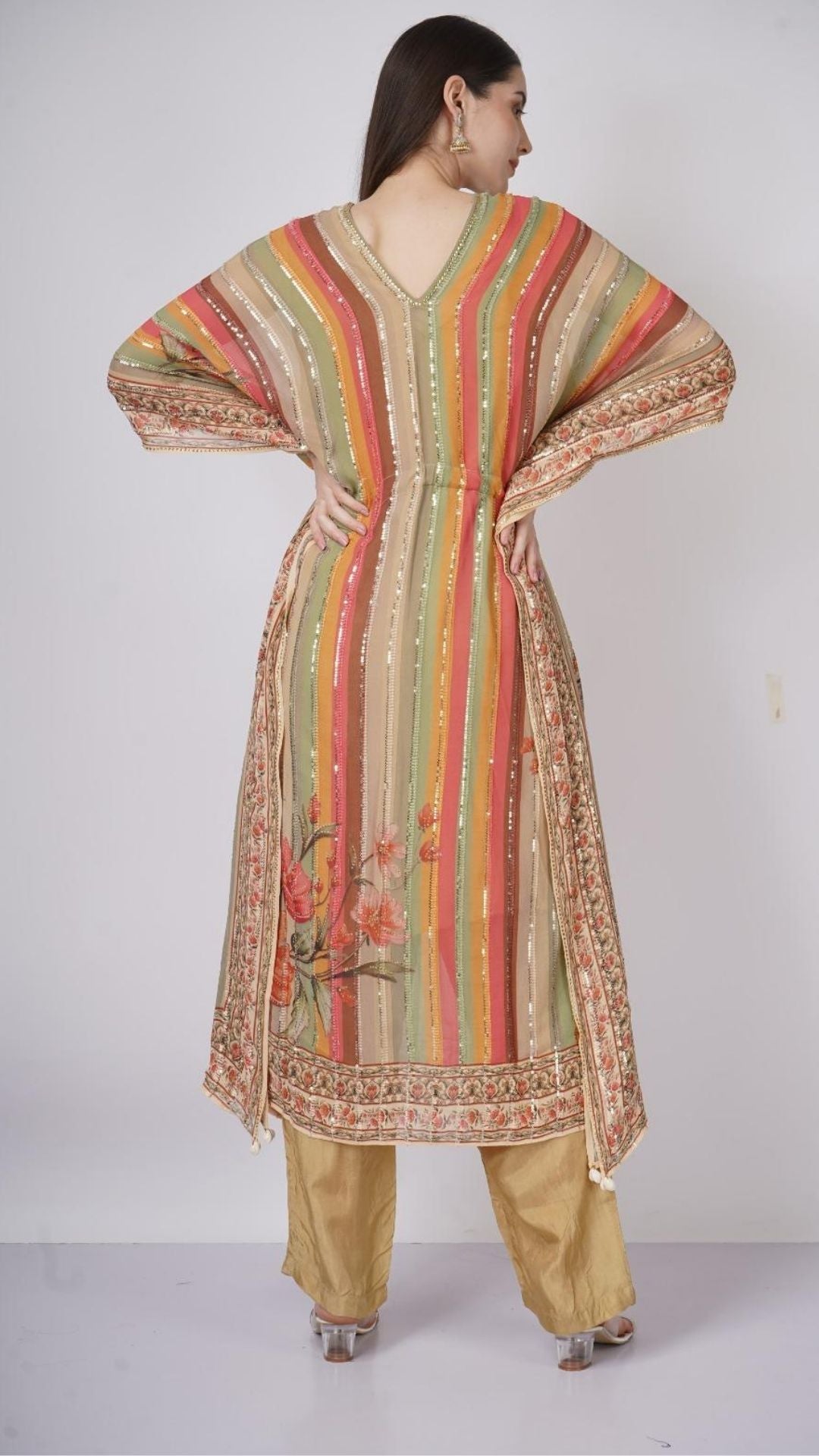 Multicolor Beige Georgette Kaaftan with Mirror and Sequins Work