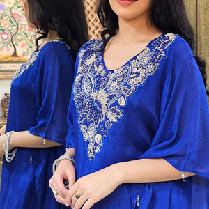 Blue Chinon Indowestern Kaaftan and Bottom with Cutdana,Sequins and Thread Work