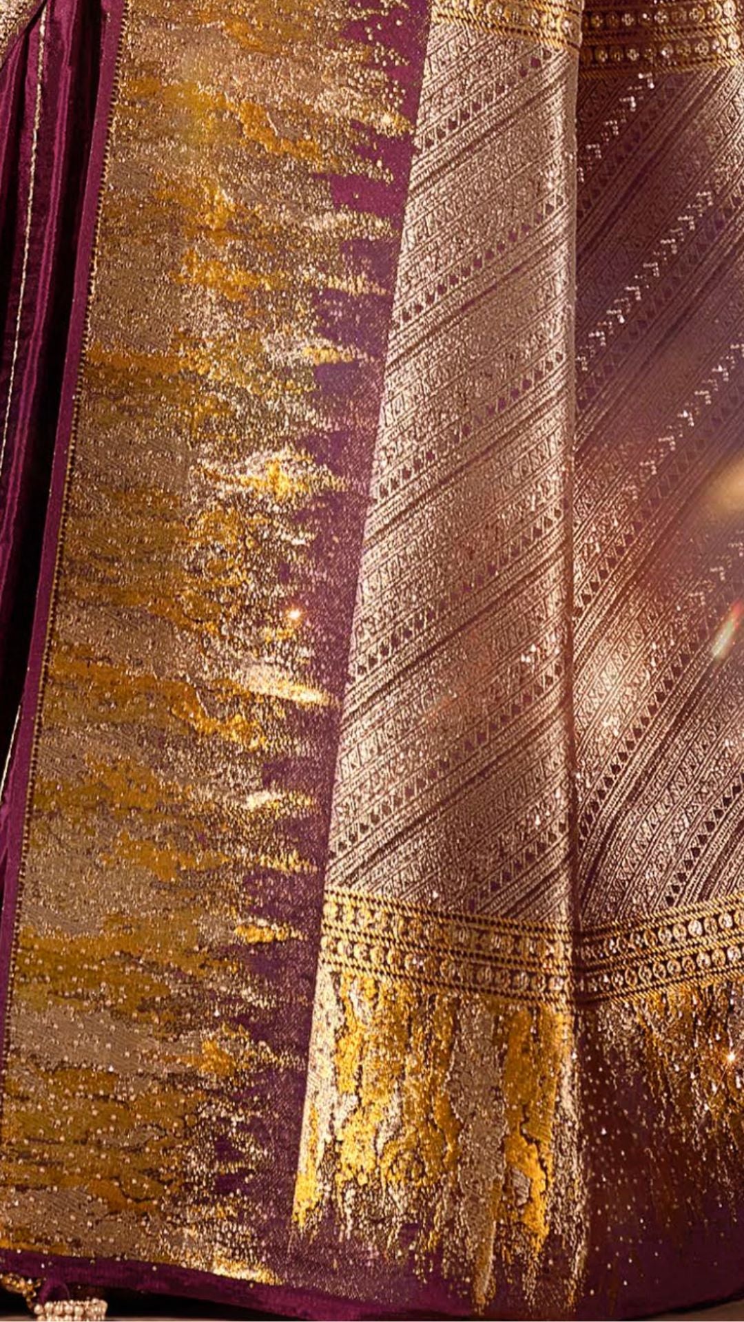 Wine Silk Satin Saree with Swarovski Work