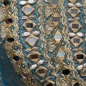Blue Crushed Tissue Indowestern with Cutdana, Moti, Dabka and Mirror Work