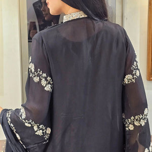 Black Chinon Indowestern Top,Jacket,Bottom and Dupatta with Sequins and Cutdana Work
