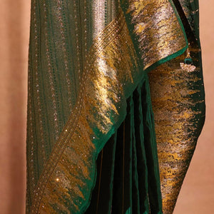Bottle Green Silk Satin Saree with Swarovski Work