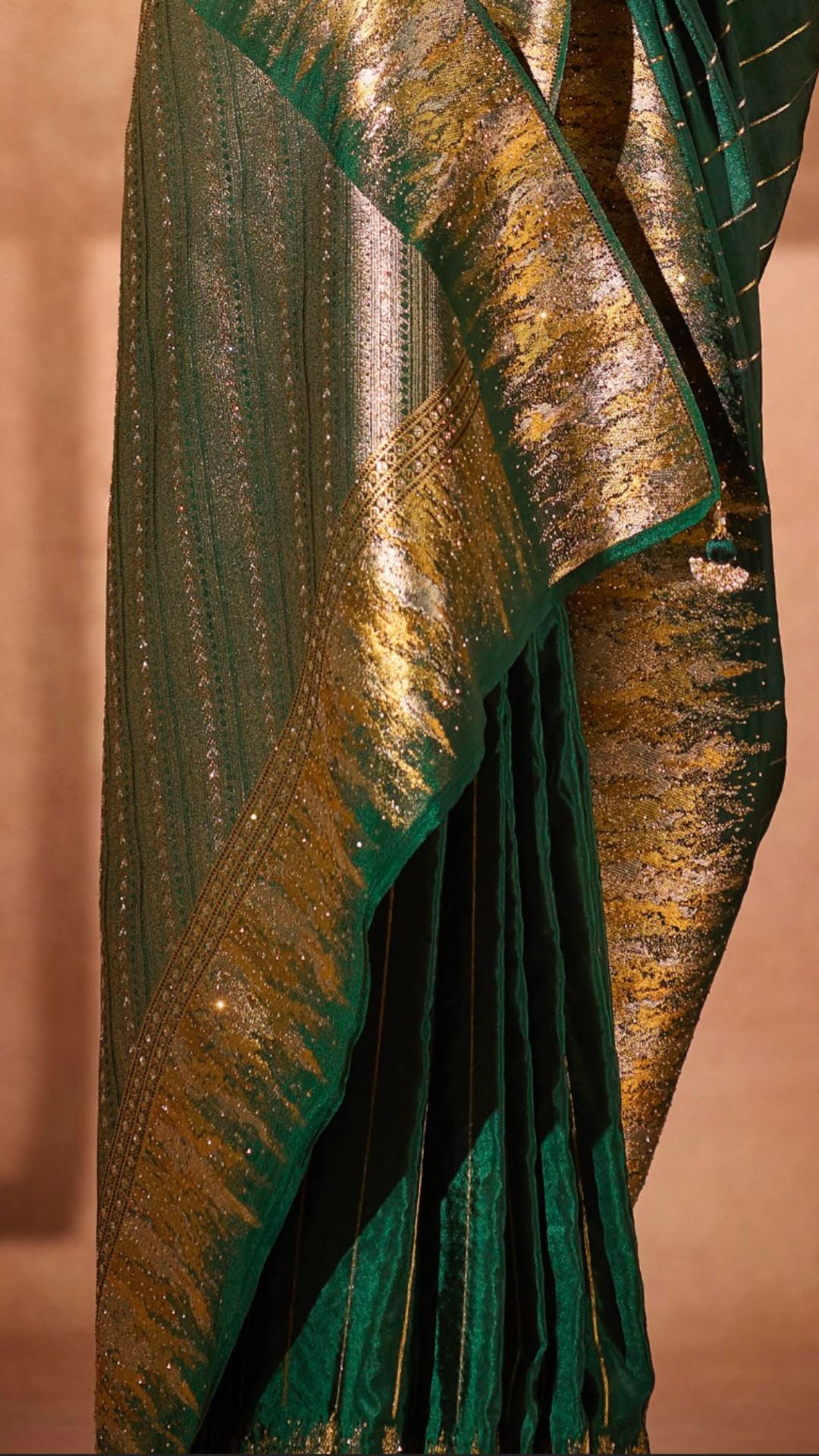 Bottle Green Silk Satin Saree with Swarovski Work