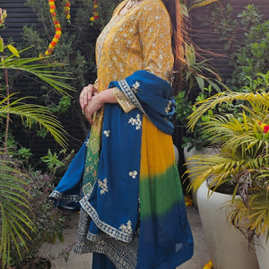 Peacock Blue & Mustard Ombre Georgette Banarasi Zari & Sequin Work