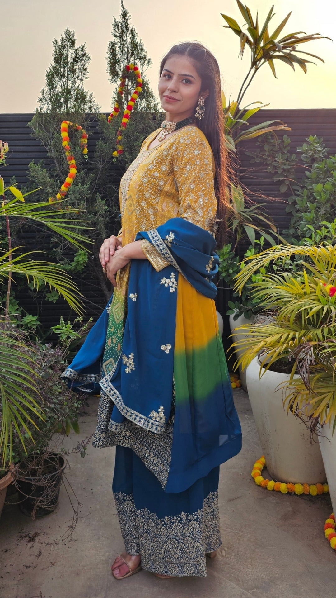 Peacock Blue & Mustard Ombre Georgette Banarasi Zari & Sequin Work