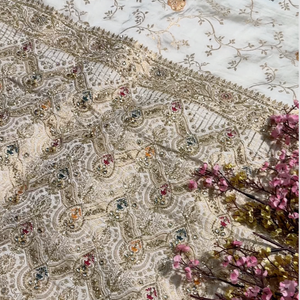 Ivory Silk Unstitched Saree Embellished With Sequins, Cutdana, Zarkan, Dabka & Stone Work