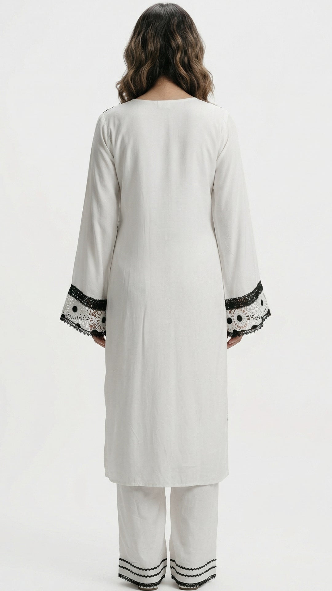 White Muslin Suit with Stone & Lace Detailing