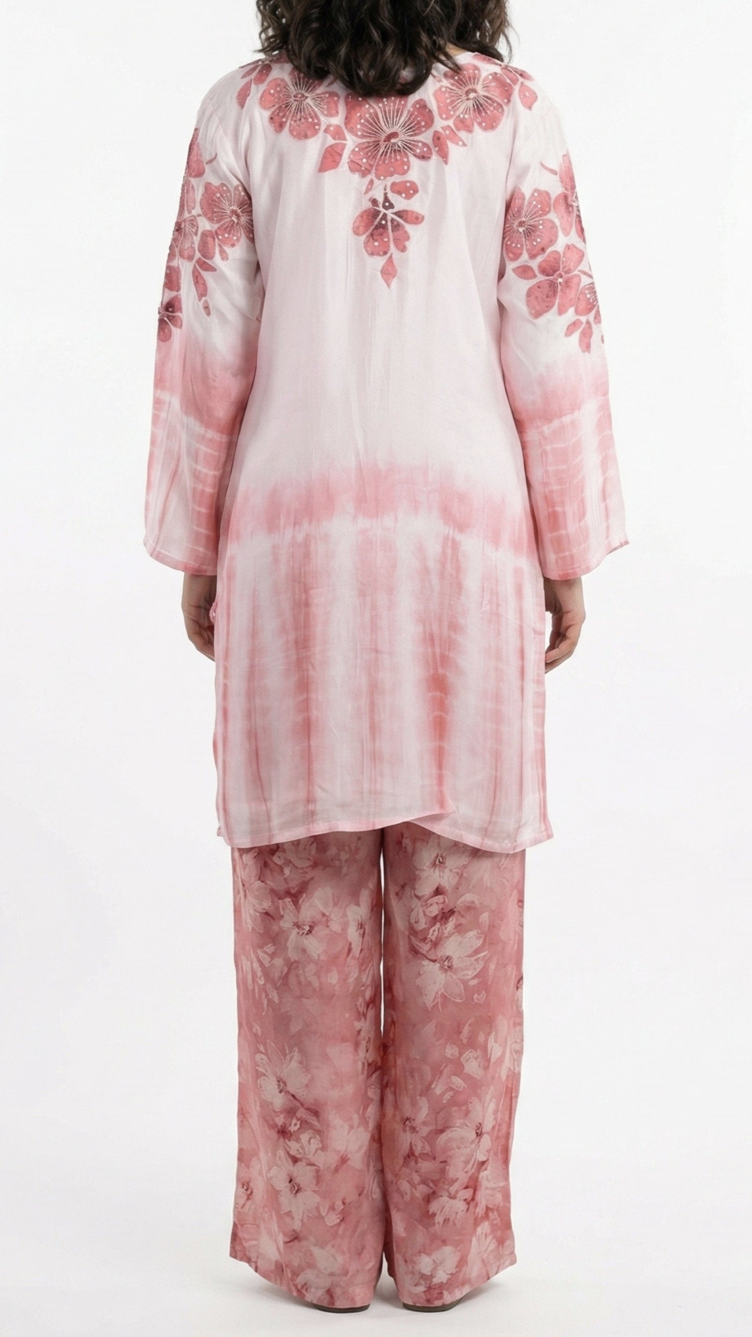 Pink Satin Crepe Coord Set with Sequins, Hand Print, Zari & Stone Detailing