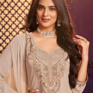 Chiku Tissue Suit, Farshi Salwar And Dupatta with Cutdana, Sequins and Zari Work