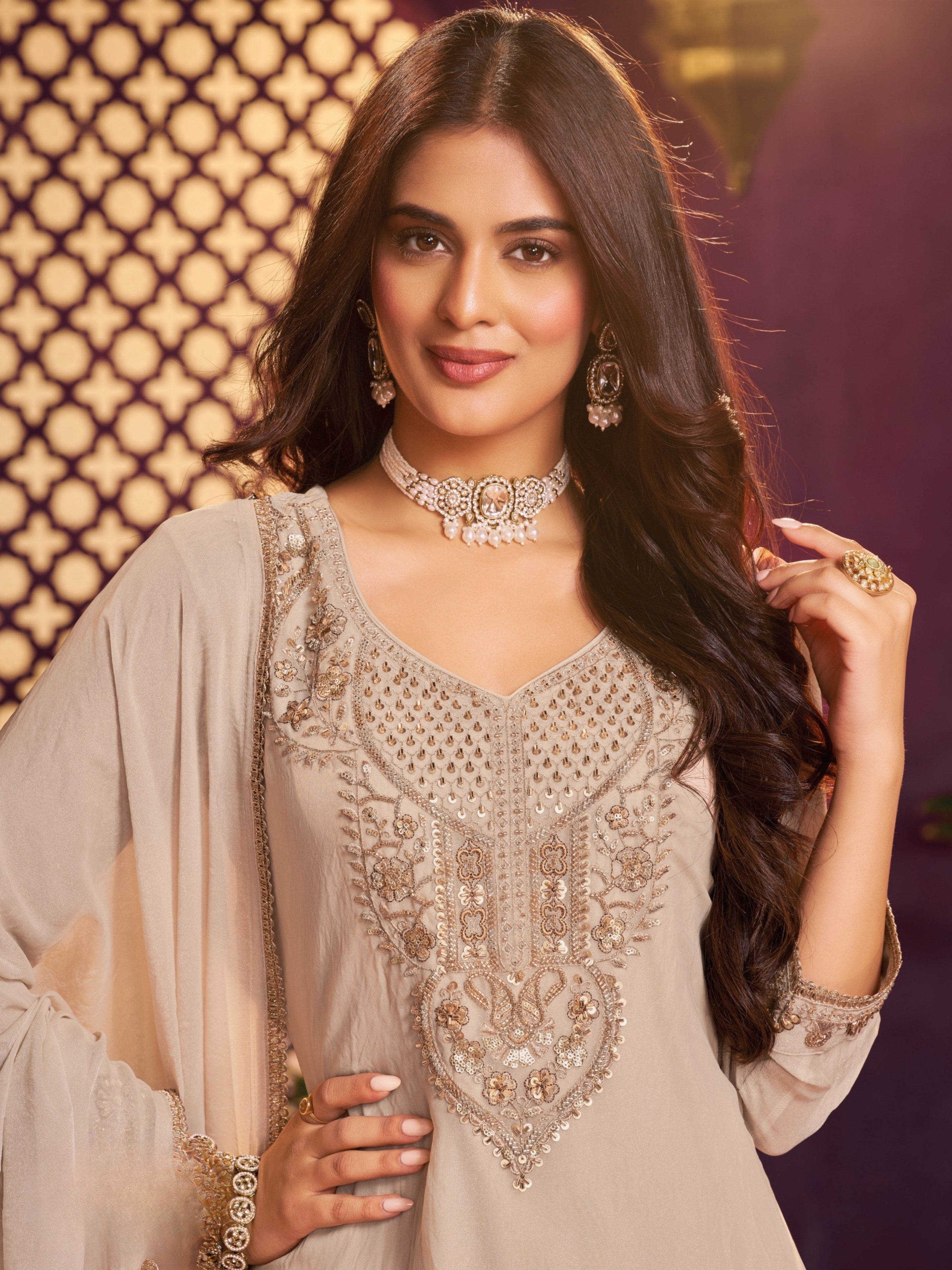 Chiku Tissue Suit, Farshi Salwar And Dupatta with Cutdana, Sequins and Zari Work