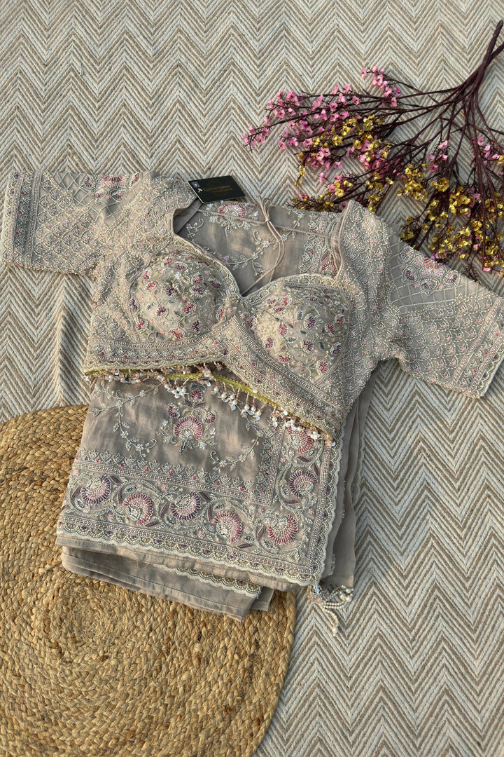 Tussar Tissue Saree Embellished With Sequins & Cut Dana Work