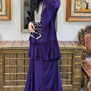 Purple Chinon Indowestern Top and Bottom with Sequins,Cutdana and Pearl Work