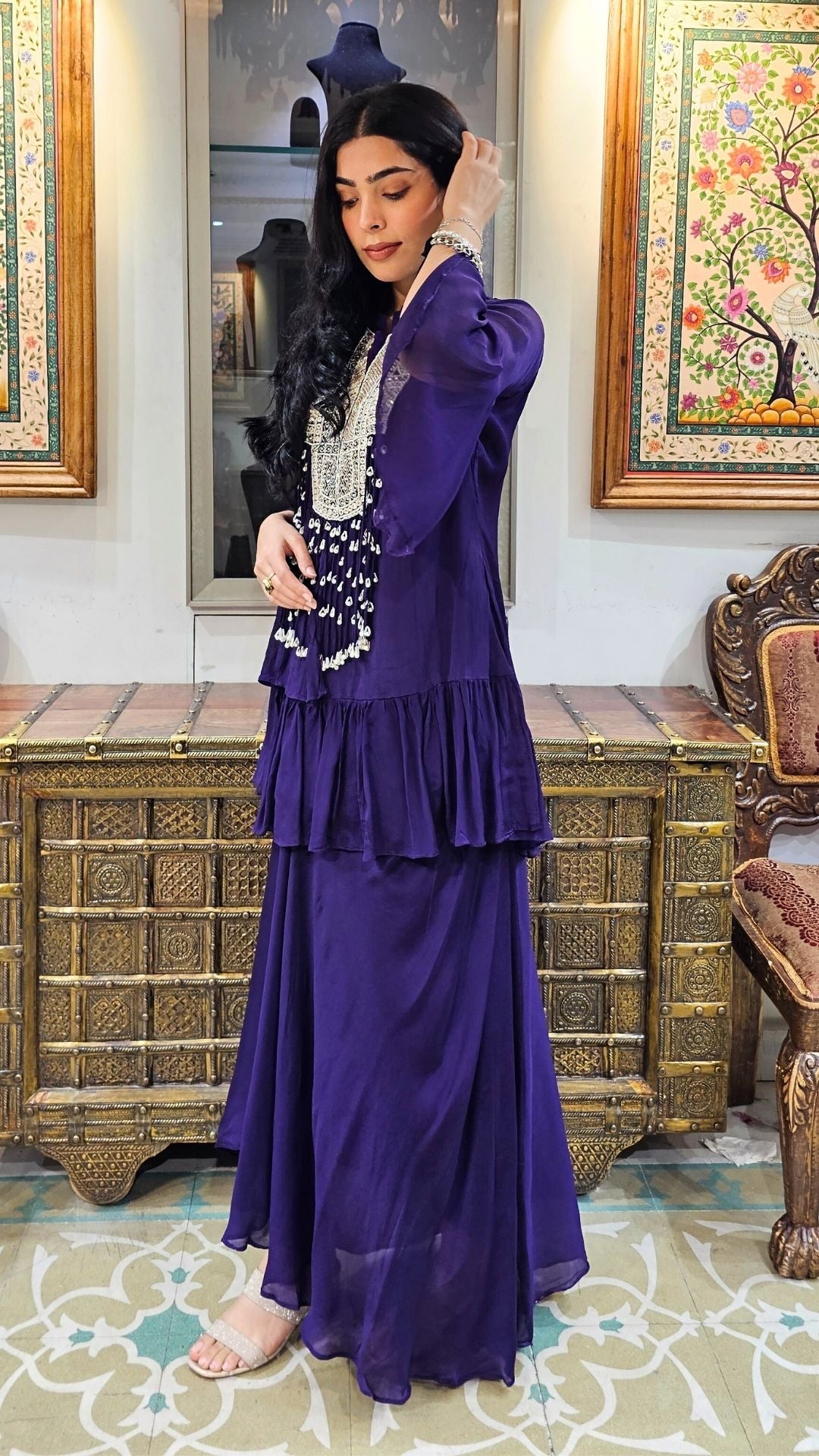 Purple Chinon Indowestern Top and Bottom with Sequins,Cutdana and Pearl Work