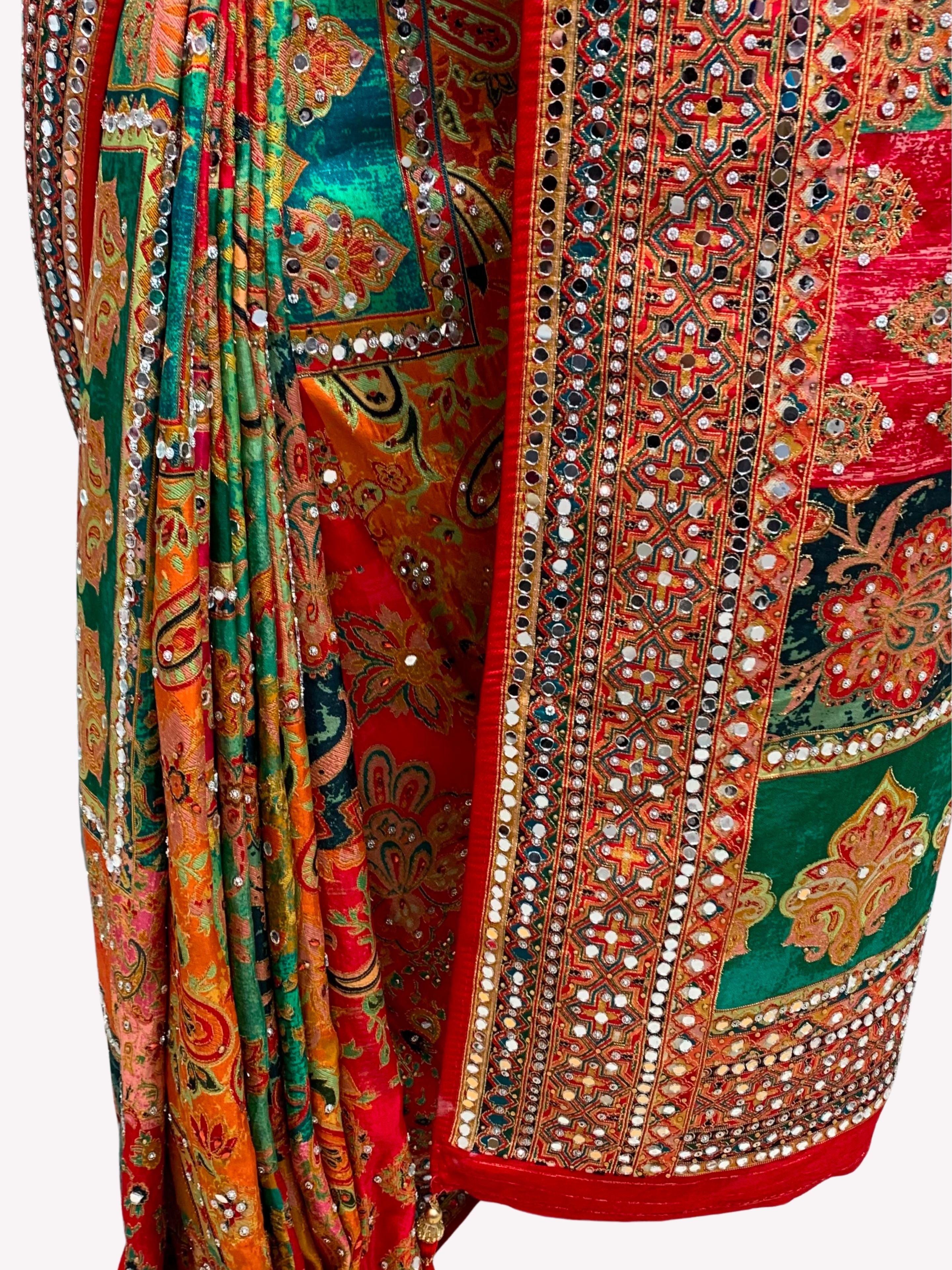 Multicolour Silk Unstitched Saree Embellished With Sequins, Mirror, Stone & Swarovski Work