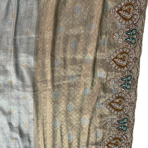 Golden Ivory Tissue Unstitched Saree with Zardozi, Pearl, Sequins & Dabka Work