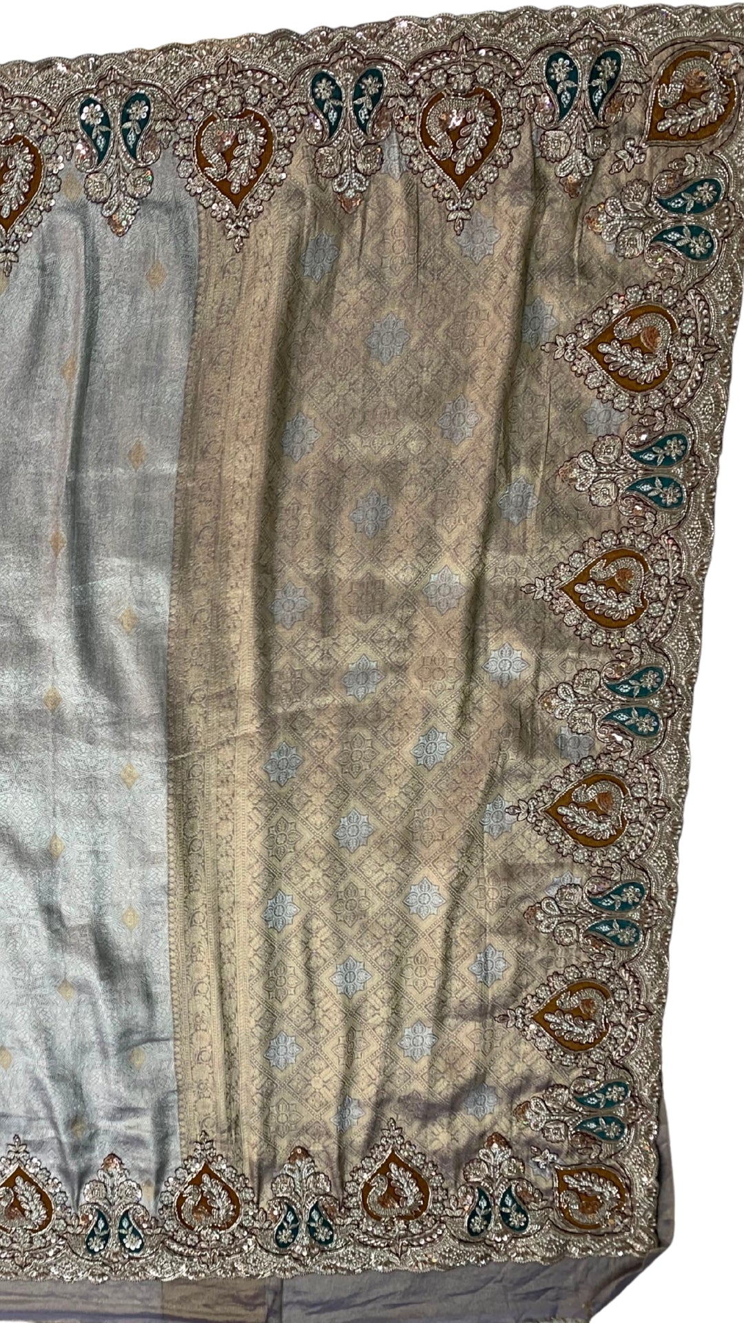 Golden Ivory Tissue Unstitched Saree with Zardozi, Pearl, Sequins & Dabka Work