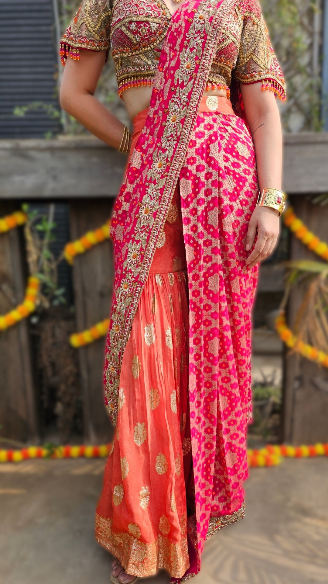 Orange Chinon Banarasi Drape Saree with Cutdana, Sequin, Moti & Dabka Work