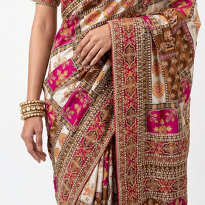 Maroon & Pink Banarasi Silk Saree with Heavy Zari and Sequins Work