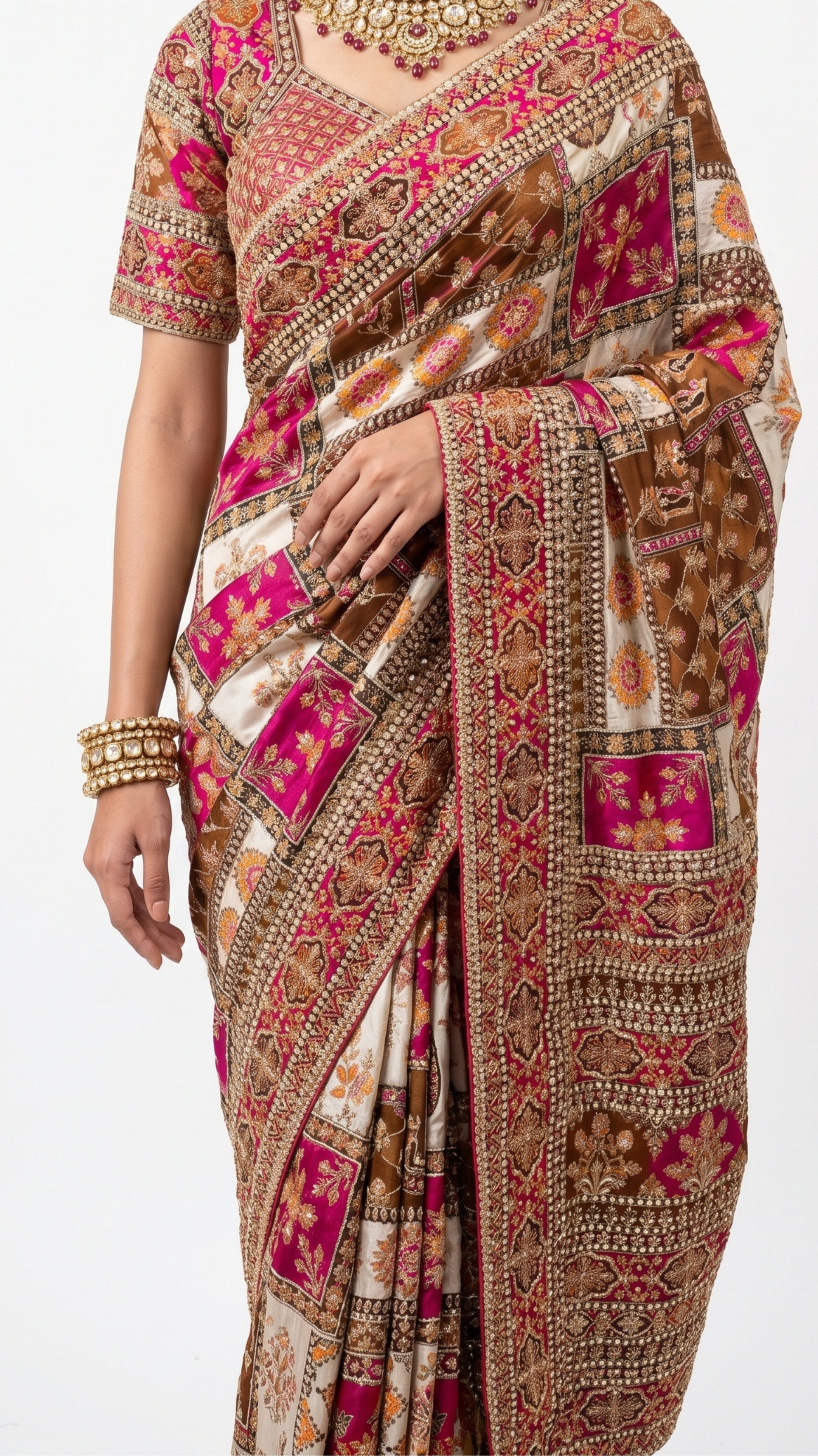 Maroon & Pink Banarasi Silk Saree with Heavy Zari and Sequins Work