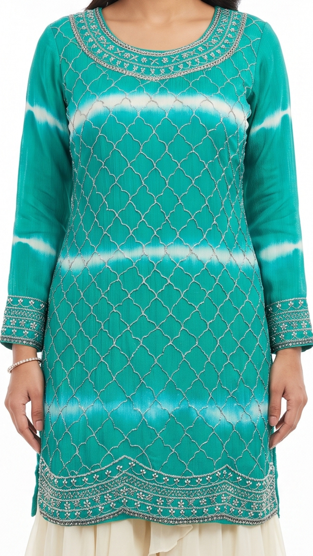 Green Chinon Fabric Cutdana work Sequins