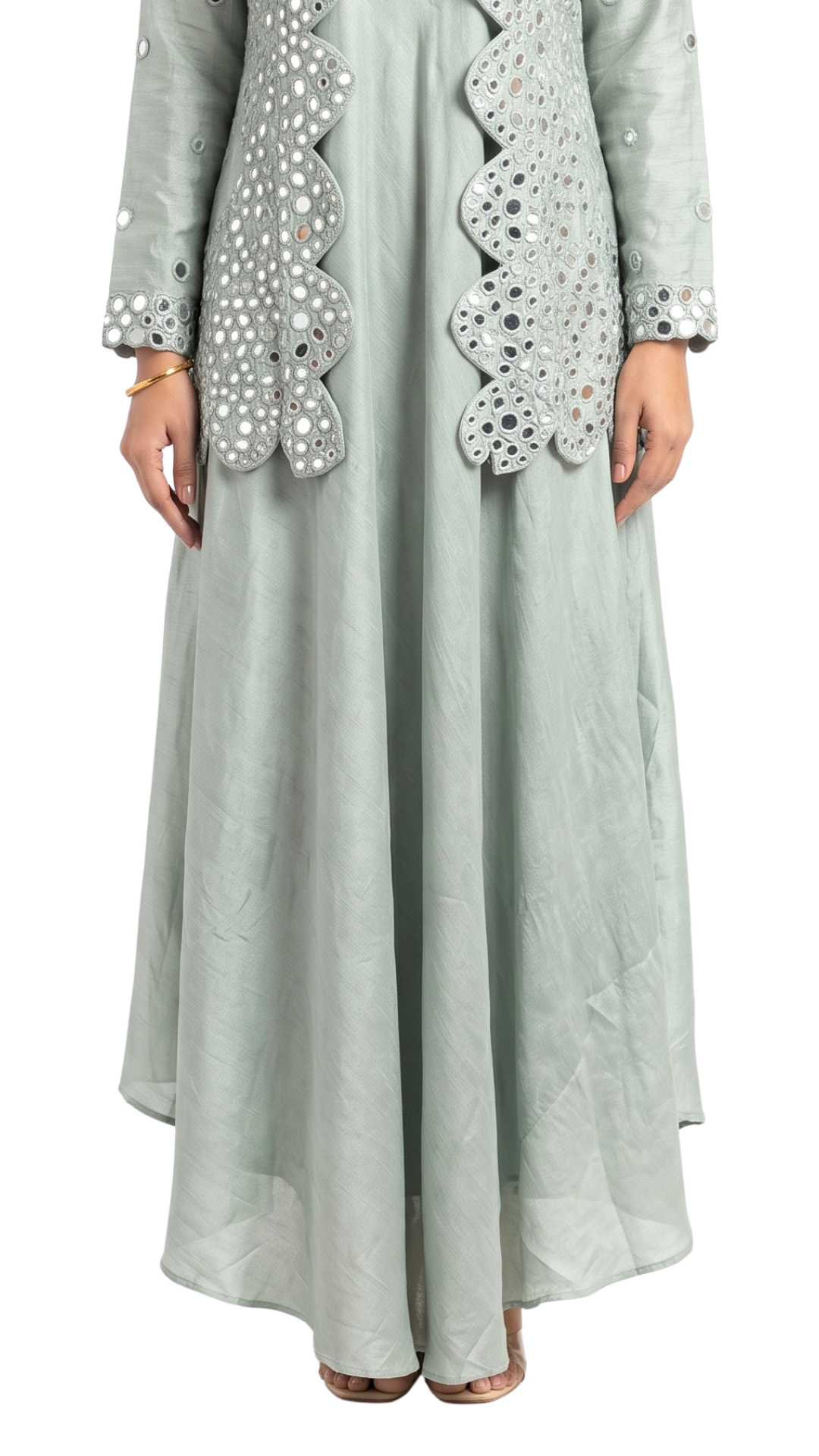 Saga Green Raw Silk Mirror Thread Work Sequins