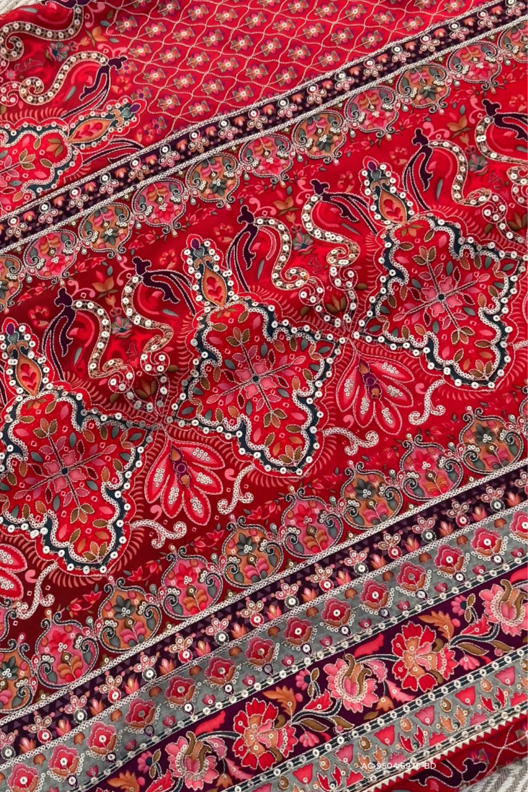 Maroon Digital Printed Silk Ready Made Saree Embellished With Sequins & Zari Work