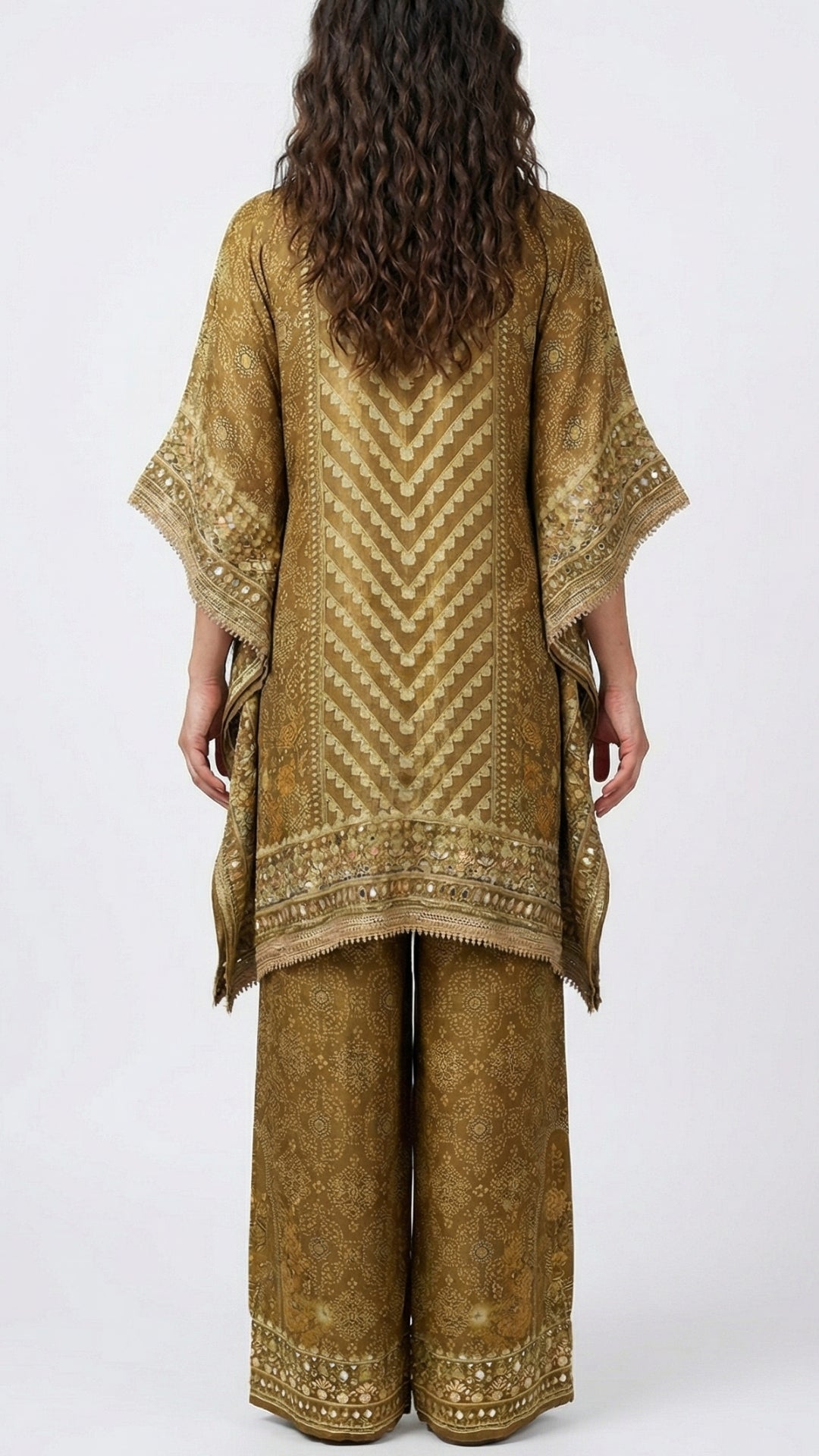Antique Gold Tissue Kaftan Coord Set with Gota Patti, Digital Print & Sequin Detailing
