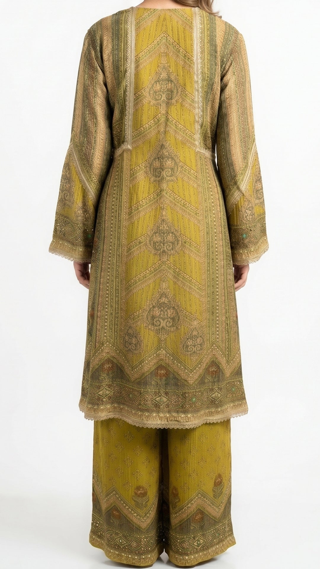 Green Wrinkled Tissue with Digital Print, Moti & Stone Work Indo Western