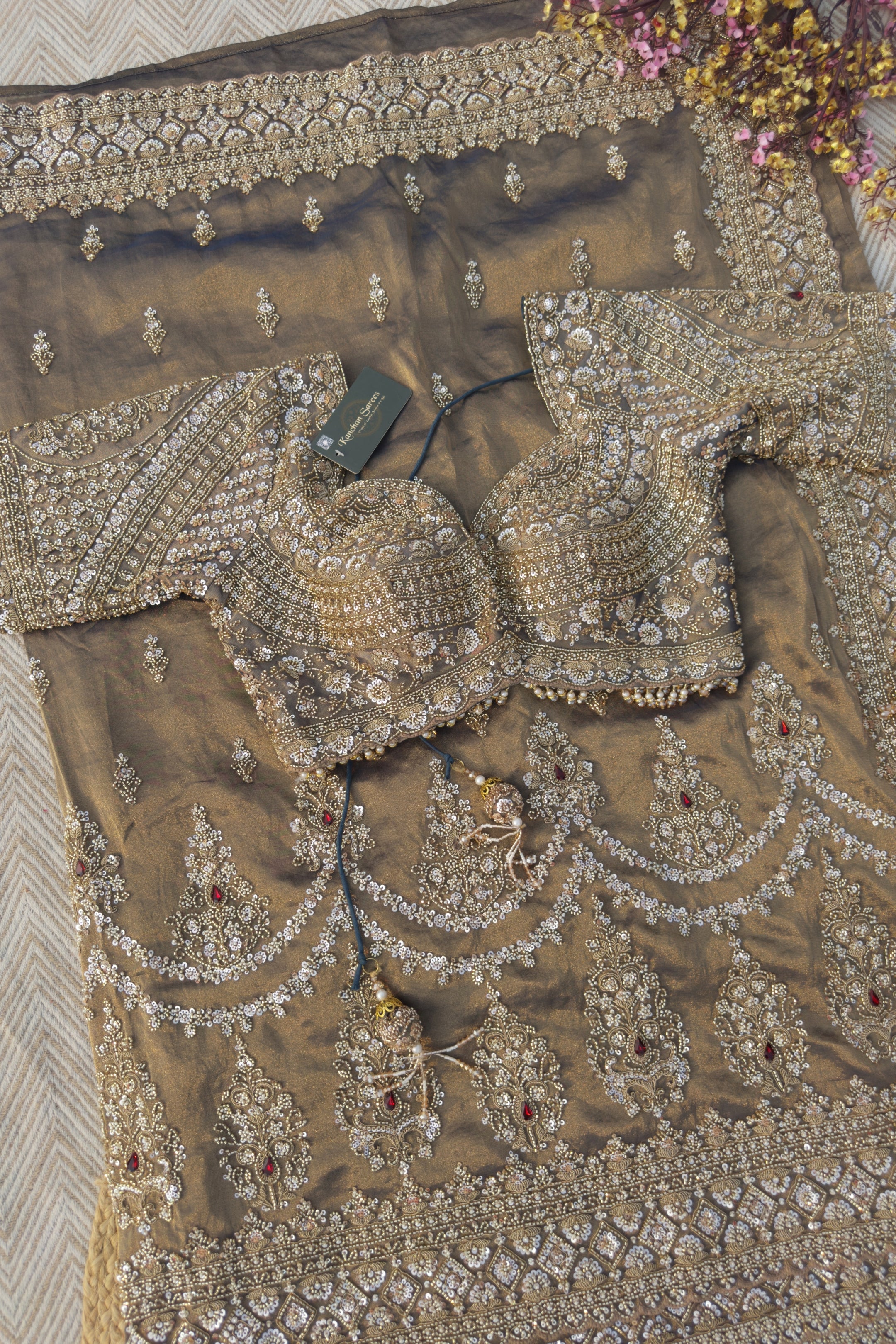 Dusty Brown Green Tissue Saree Embellished With Moti, Sequins & Cut Dana Work