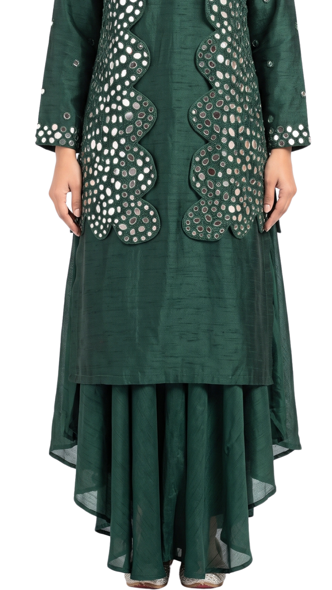 Green Raw Silk Mirror Thread Work Sequins